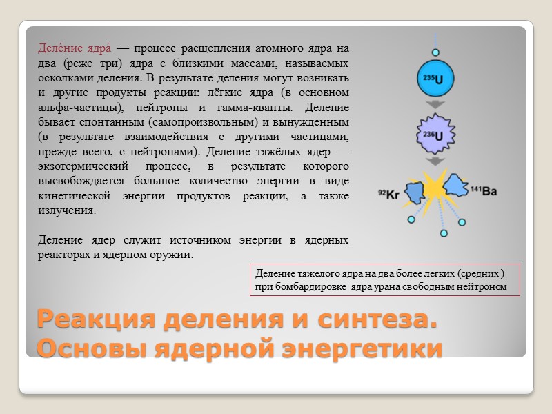Реакция деления и синтеза. Основы ядерной энергетики Деление тяжелого ядра на два более легких